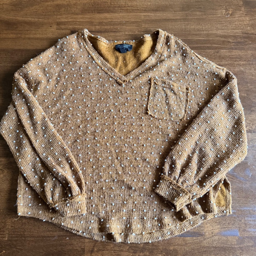 Flower & Feather Mustard Yellow Popcorn Knit V-Neck Sweater Size L TB6477Y